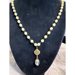 Vintage Art Deco Long Pendant Necklace Yellow Round Faceted Beads Pendant Clear